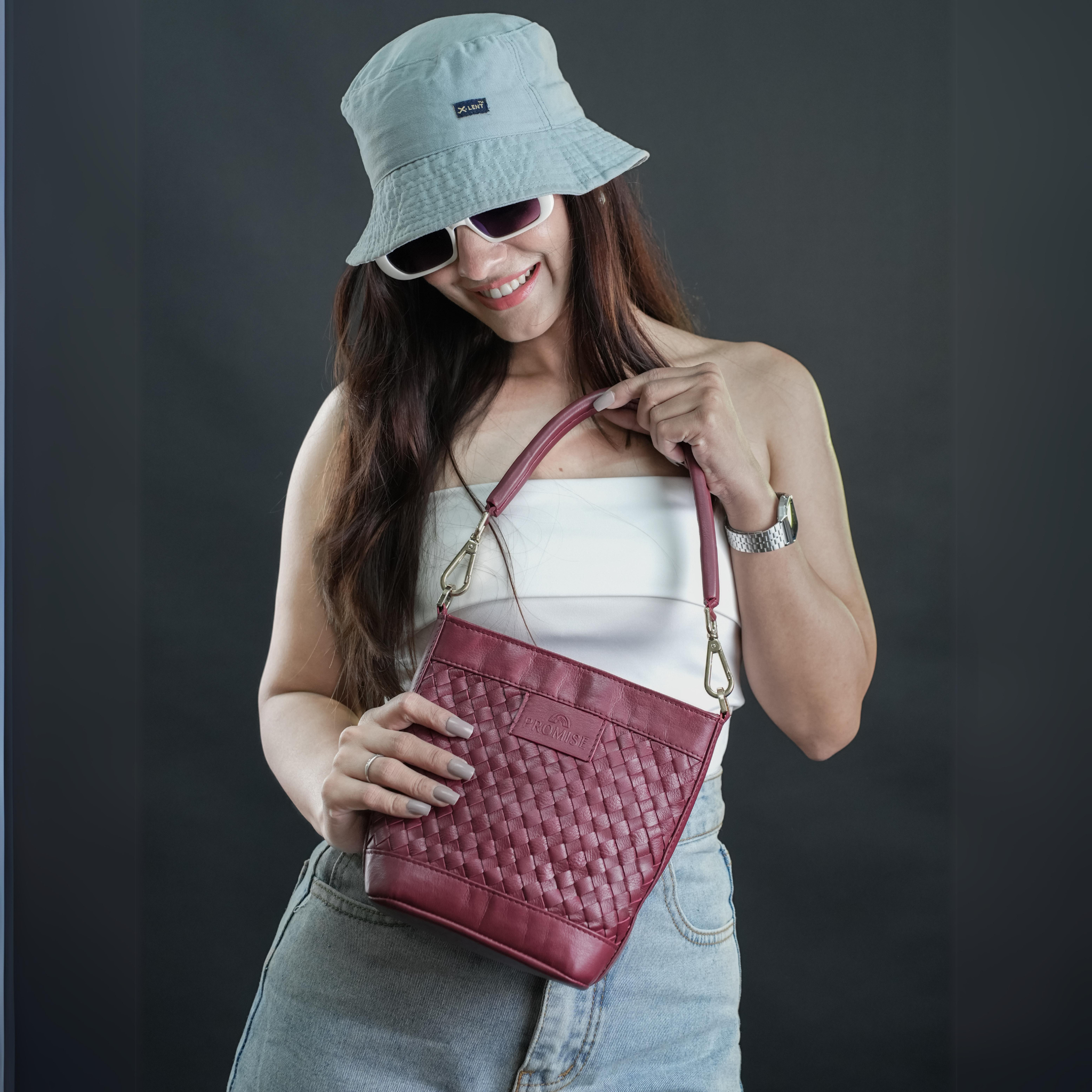Tina Mini Woven Bucket Bag - Maroon