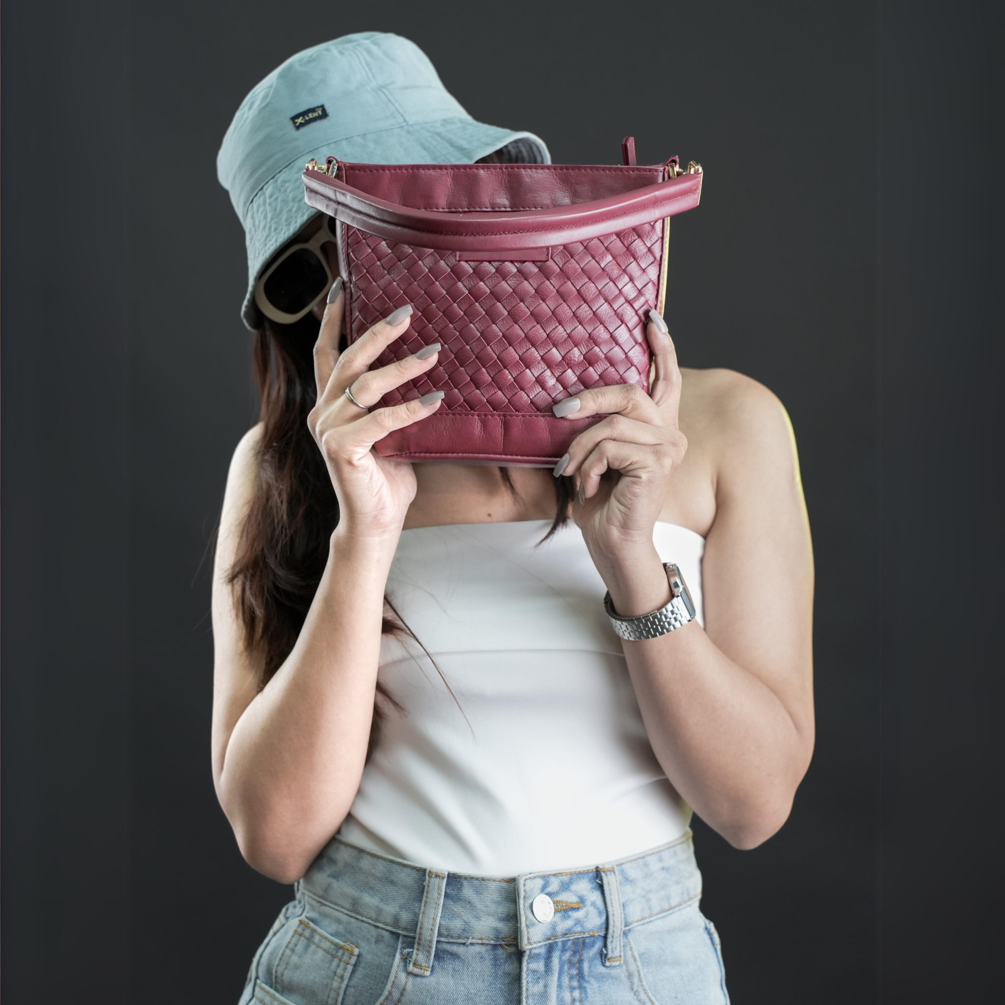 Tina Mini Woven Bucket Bag - Maroon